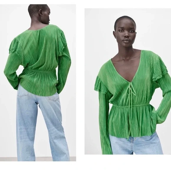 Zara green ruffle pleated V-Neck long sleeve blouse Sz M NWT - Picture 3 of 10